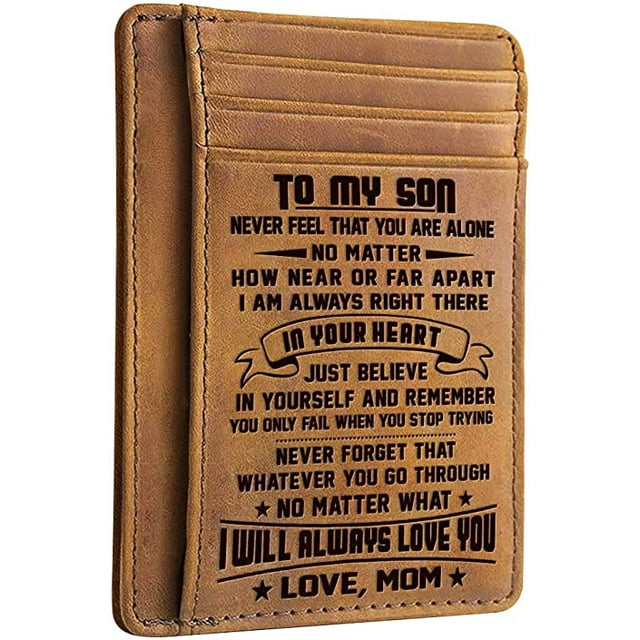 Cartera de cuero grabada con bolsillo frontal para hombre - Para mi hijo, siempre te amaré - Cartera con tarjetero para él Regalo de cumpleaños para hijo - Cartera con bloqueo RFID Rojo Verde