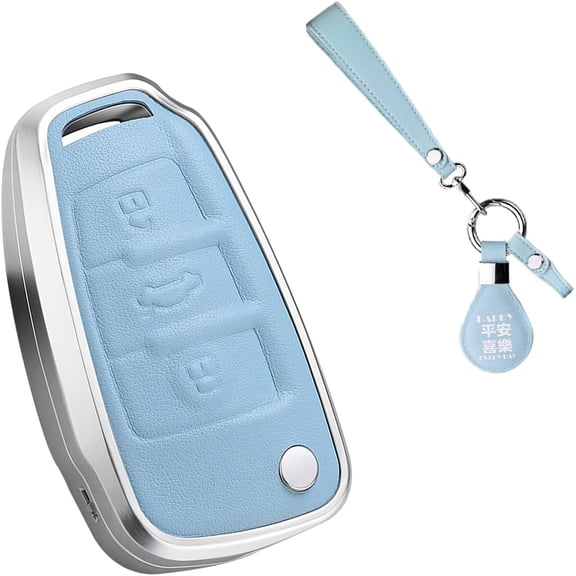 Silver Metal Frame Genuine Leather Key Fob Cover for Audi Q3 Q7 A3 A1 TT R8 Keyless Full Protection Smart Key Fob Case with Keychain