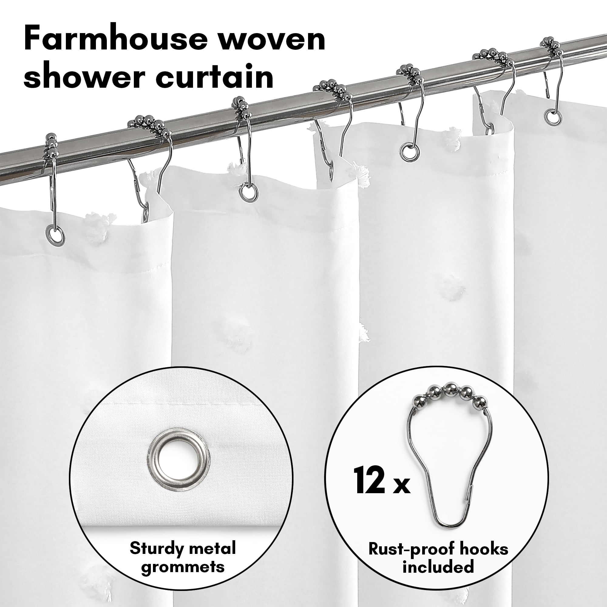 Americanflat 71x71 White Woven Shower Curtain with Tassel And Circle Accents - Includes 12 Grommets and Hooks - 100% Polyester