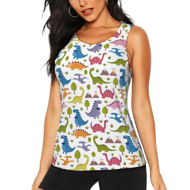 Fotbe Cute Dinosaur Blusas Sin Mangas para Mujer – Estilo Casual, Corte Suelto, Slim-Fit, Cuello Redondo Deportivo, Tops de Verano para Gimnasio y Yoga-Medium