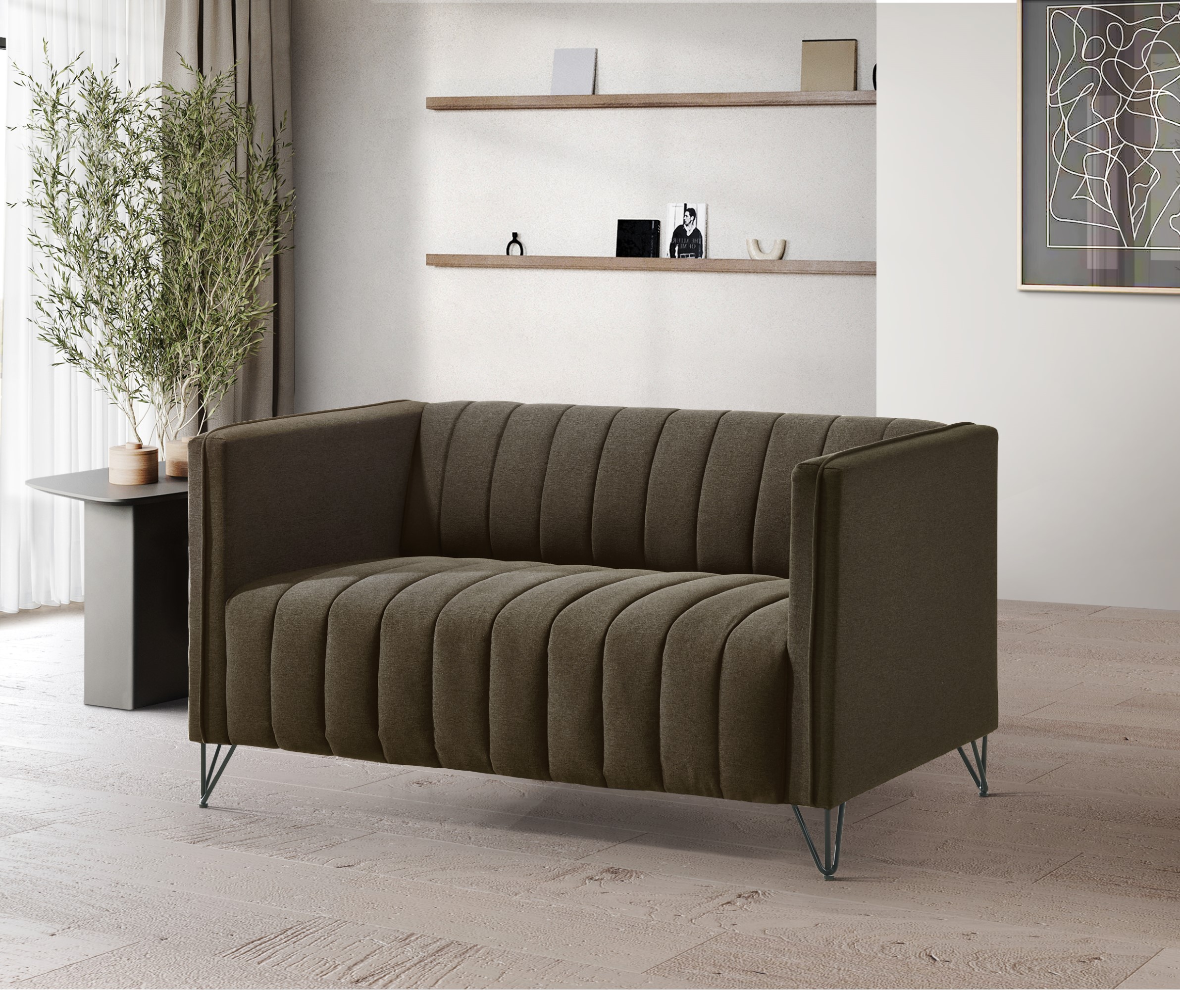 Home Design Kurtis Square Arm Loveseat with Tufted Velvet Upholstery and Gold Metal Legs, Flared Arms, Modern Living Room Seating, Brown