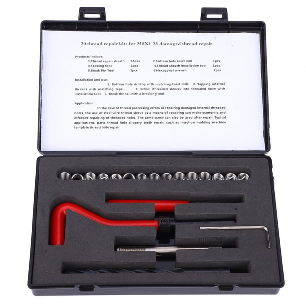 Juego de herramientas de reparación de roscas de 20 piezas, acero inoxidable M8x1.25 Llave de taladro torcido métrica Kit de reparación de inserción roscada para reparación de automóviles