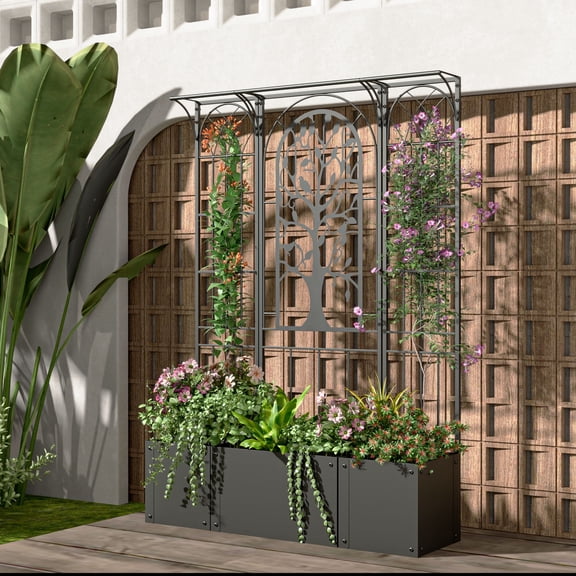 Fiogmub Raised Garden Bed with Trellis, Metal Planter Box with Trellis Outdoor for Climbing Plants Flowers, Black