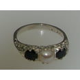 thumbnail image 6 of LBG British Made Luxury Solid 10K White Gold Natural Sapphire and Cultured Pearl Trilogy Ring, 6 of 7