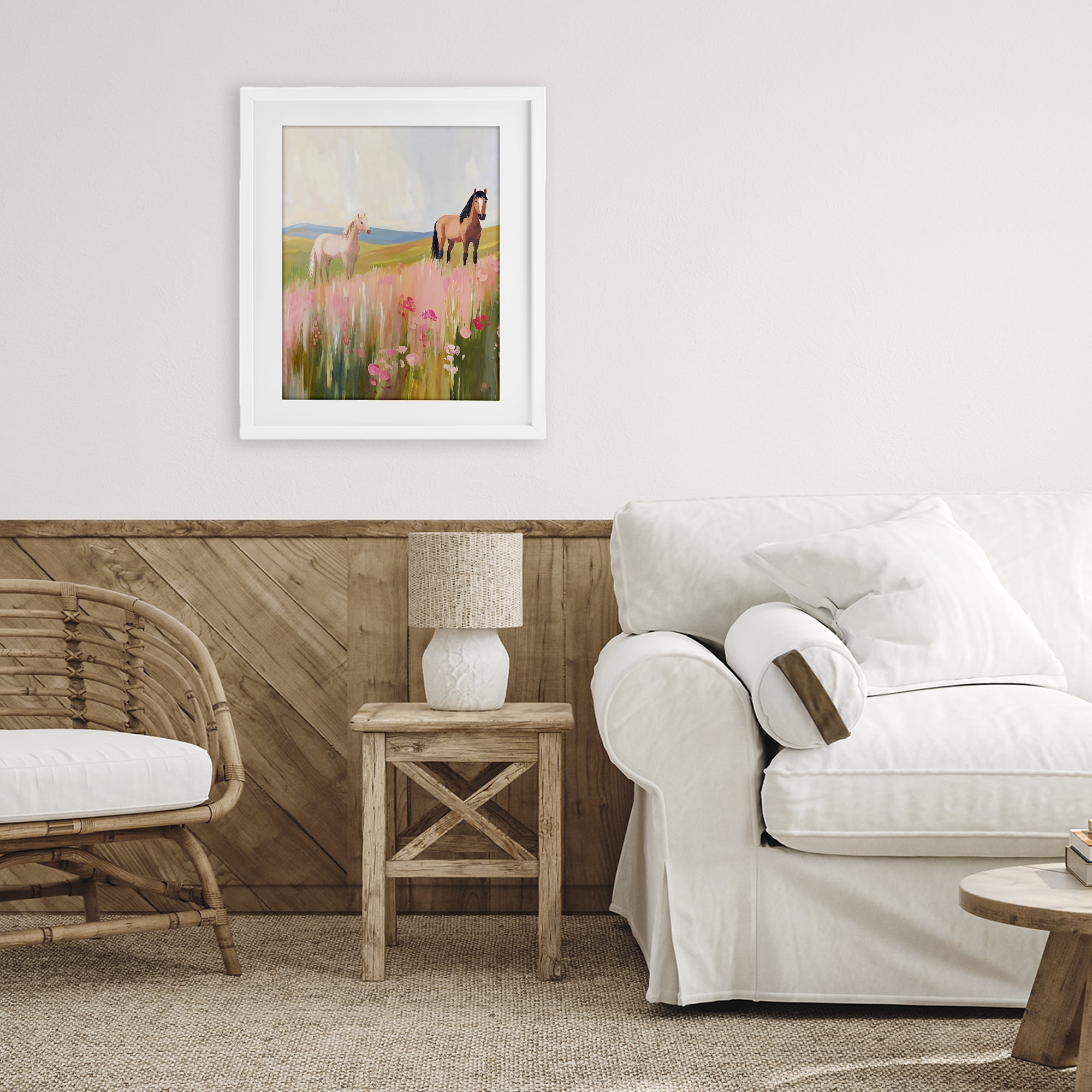 Stupell Industries Wild Horses in Pink Meadow White Framed Print Under Glass, design by The Prints Vibe