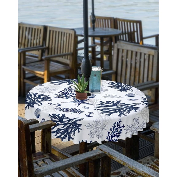 Navy Blue Corals Outdoor Round Tablecloth with Umbrella Hole 60 Inch,Wrinkle Free Wipeable Fabric Table Cloth Waterproof Zippered Cover for Camping Picnic Patio,Nautical Boho Tropical Reef Coastal