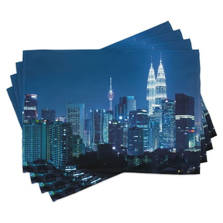 

Cityscape Placemats Set of 4 Kuala Lumpur Skyline Night KLCC Twin Towers Malaysian Landmark Monochromic Photo Washable Fabric Place Mats for Dining Room Kitchen Table Decor Navy Black by Ambesonne
