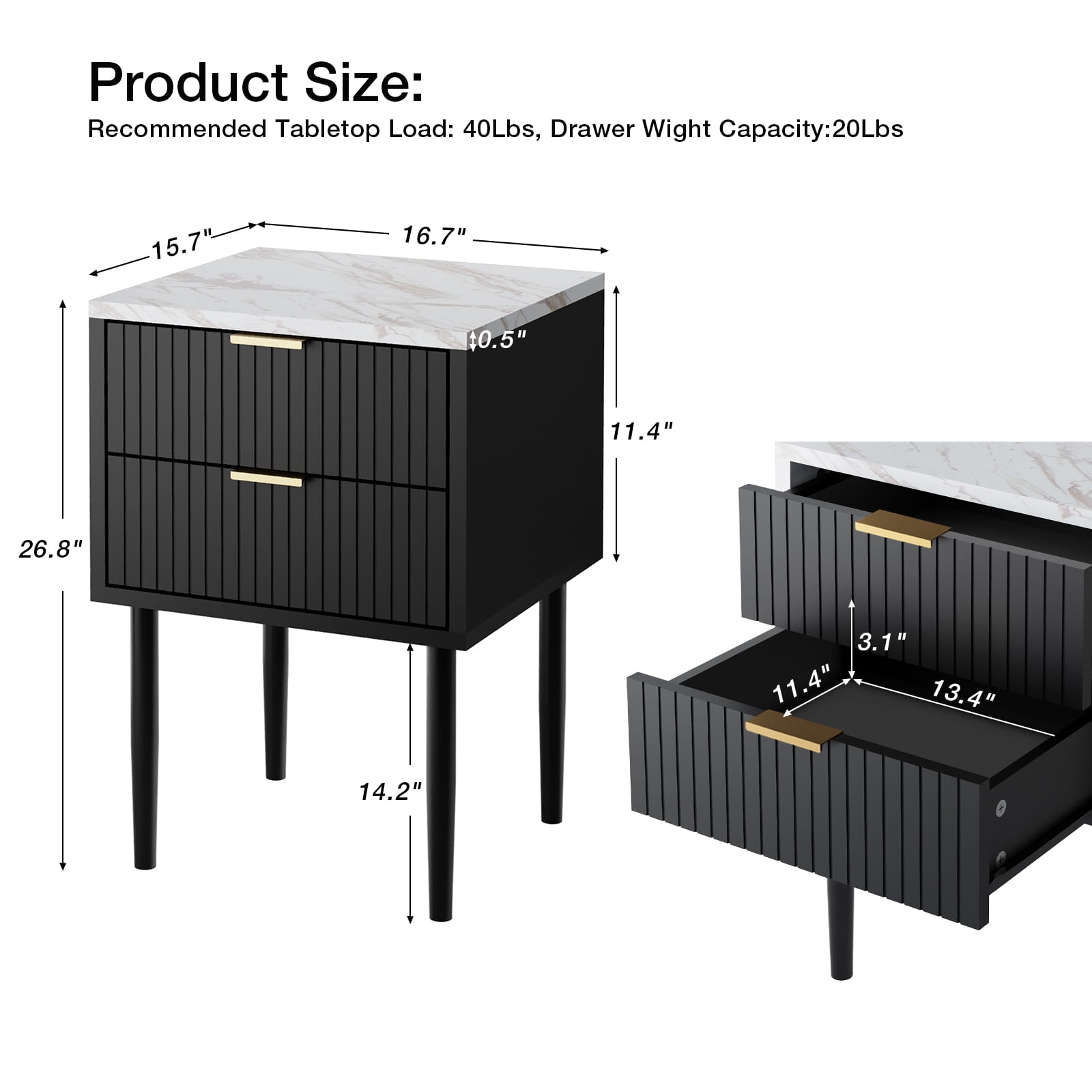 Eclife Set of 2 Nightstands Gold Handles Marble Top for Bedroom Adult Kids, Black
