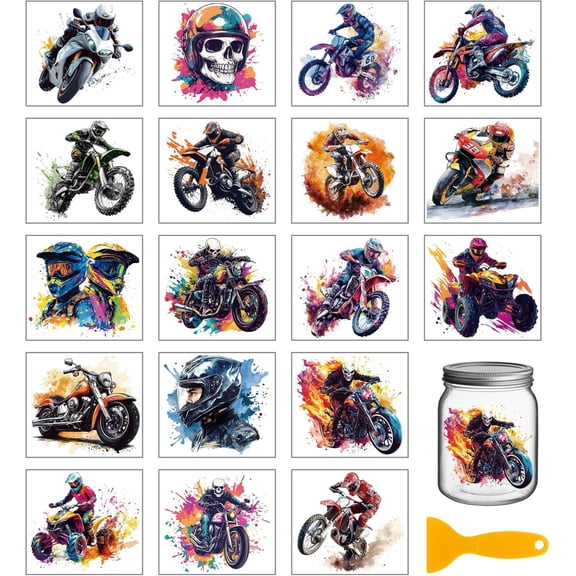 18 Sheets Motorcycle Transfer Stickers 3.9x3.6inch Motocross Colorful Transfer Decal Rub on Transfer for Furniture Vase Glass Art Crafts Decorations colorful