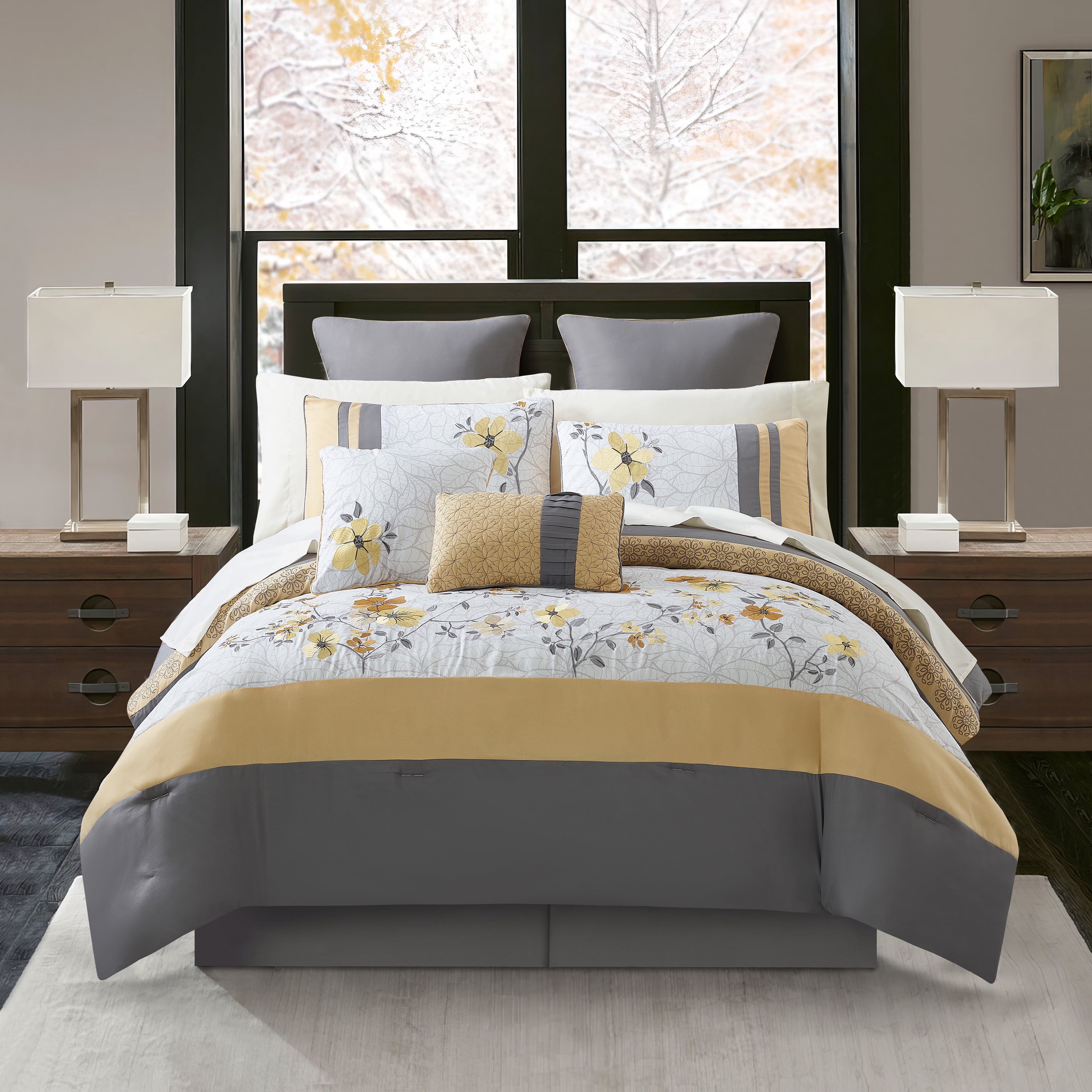 Lanco Tulip Floral Bed in a Bag 12-Piece Bedding Comforter Set, Yellow Gray, Bed Size King, 100% Polyester Fill