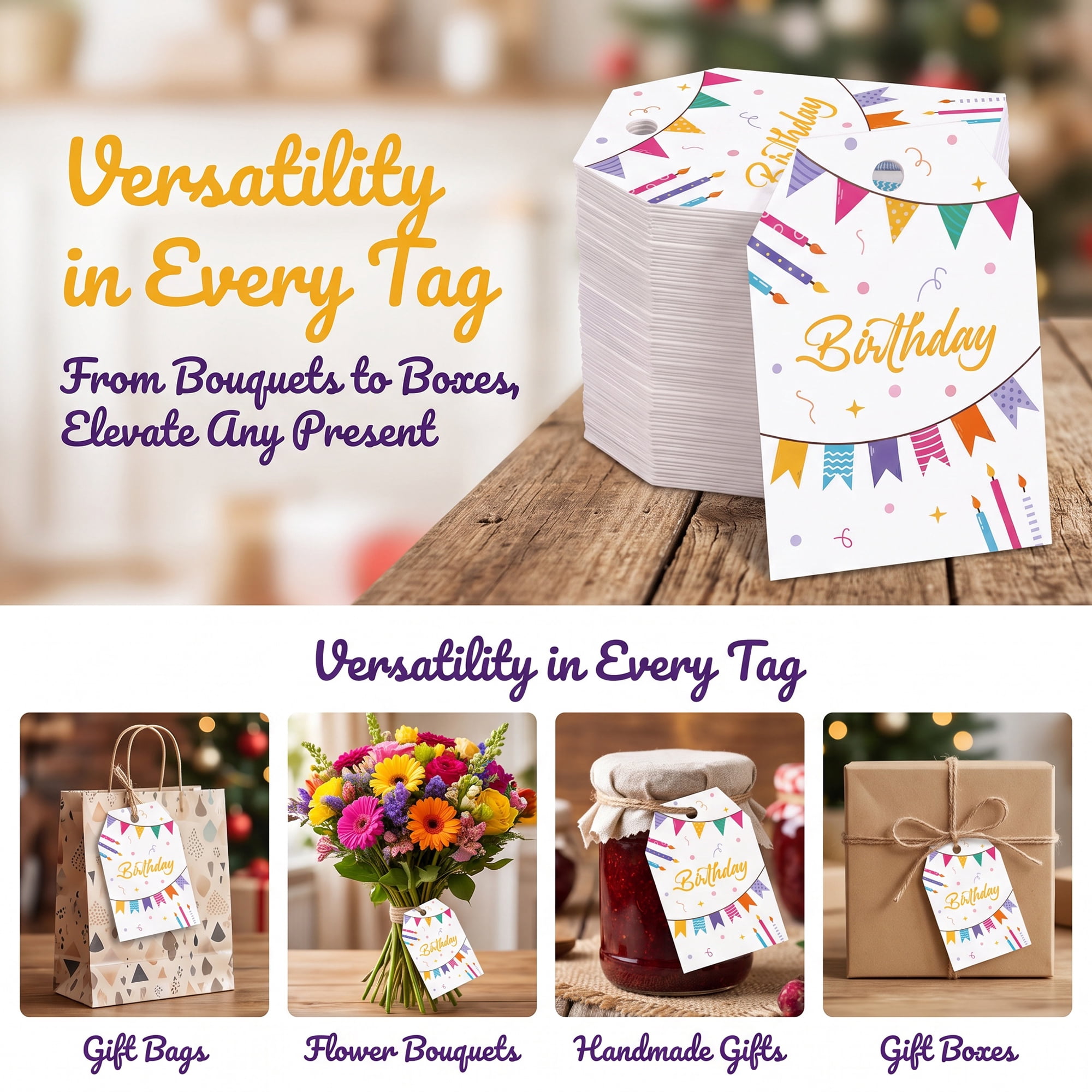 Unique Bargains 100Pcs Elegant Birthday Gift Tags with Twine Double Bunting 2" x 3.1"