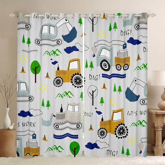 jejeloiu Cute Cartoon Excavator Black Out Curtains,Construction Vehicles Curtains Pack of 2 (42x63 Each),Orange Gray Green Bedroom Curtains For Boys Kids,Breathable Home Decor