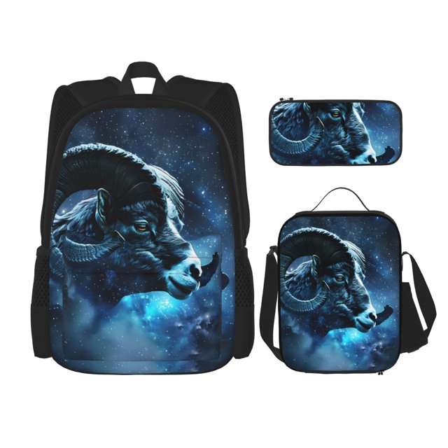 Balery Celestial Ram Night Sky Mochila Escolar 3 en 1 para Niños - Mochila Resistente con Lonchera Térmica y Estuche - Mochila Escolar para Niños y Niñas