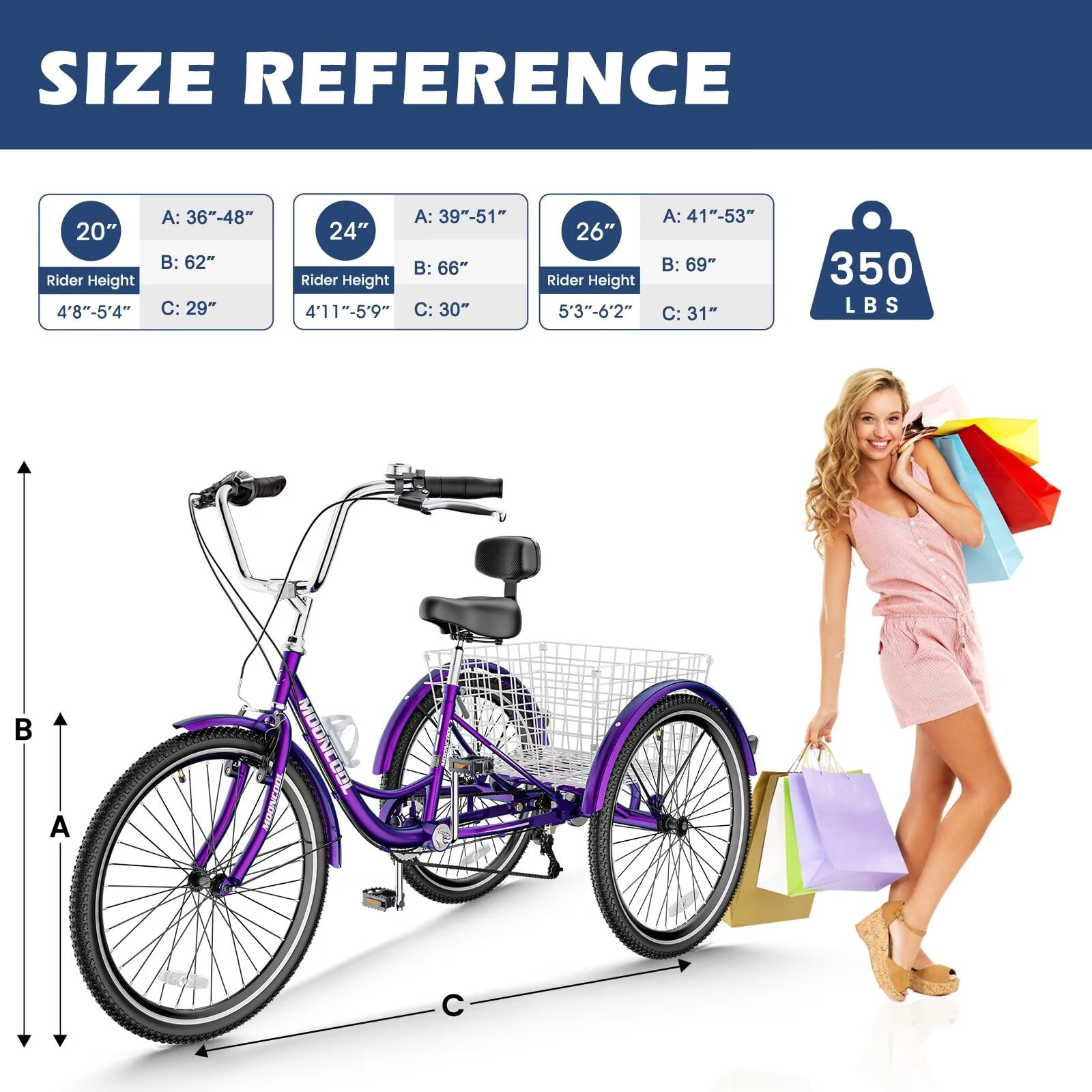 MOPHOTO 20/24/26 inch Wheels 7 Speed Adult Tricycle Adult Seat Adjustable with Low-Step Through Frame, Cruiser Trike for Women Men Support 350 bls with Big Basket for Shopping, Exercise