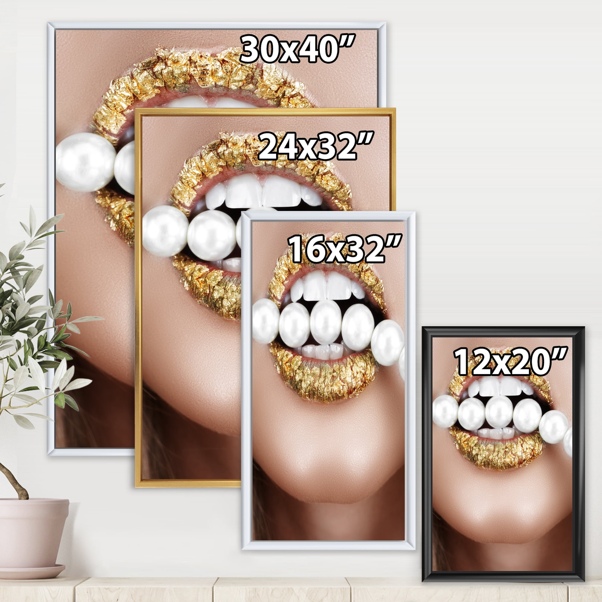 Designart 'Gold Leaf Lips Mouth With Pearls' Modern Framed Canvas Wall Art Print