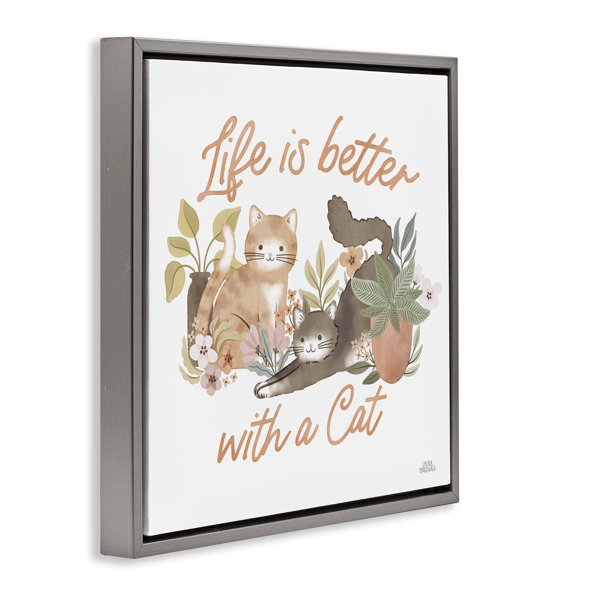 Stupell Industries Better with Cat Phrase Animals & Insects Painting Gray Floater Framed Canvas Art Print Wall Art, 25 x 25