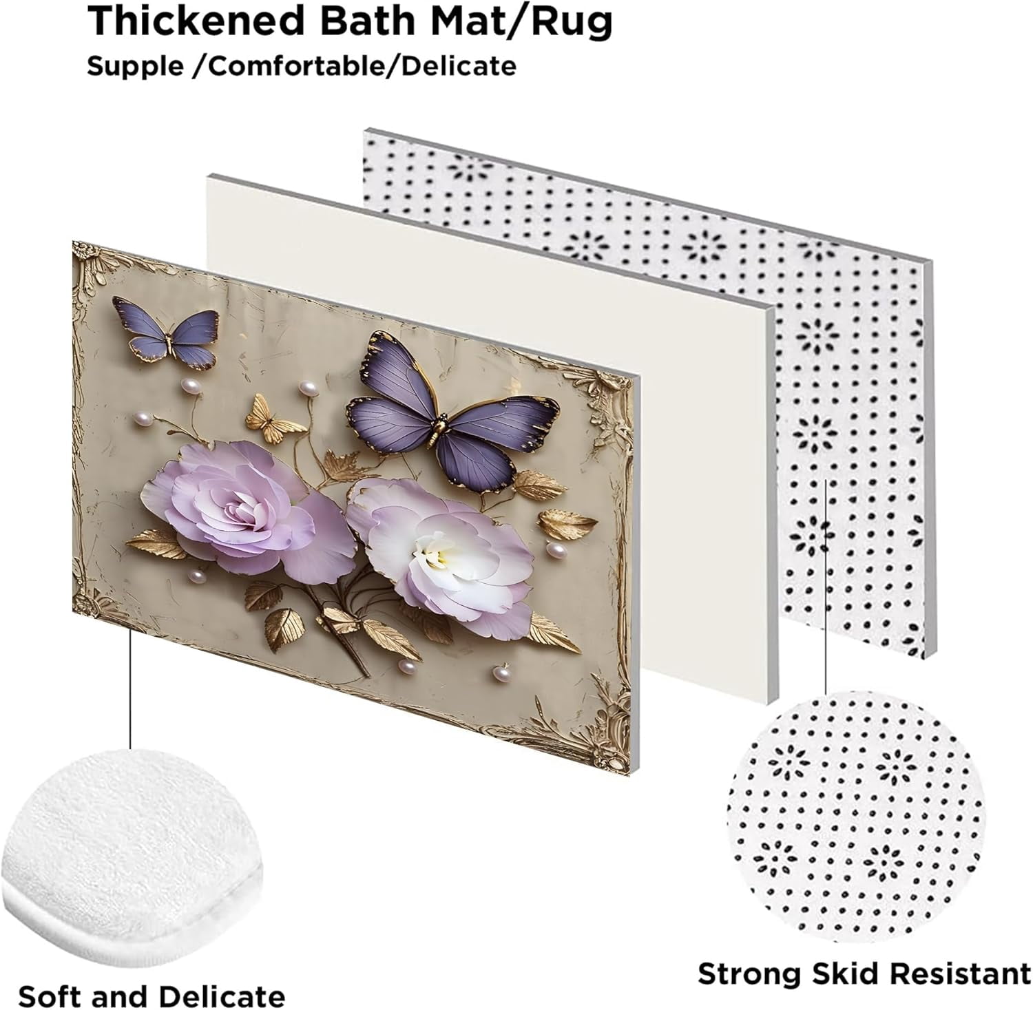 4Pcs Spring Themed Shower Curtain Set with Rugs Vintage Butterflies Bathroom Sets Floral Shower Curtain with 12 Hooks Bathroom Decor with Rugs Bath Accessories with Mats Toilet Lid Cover