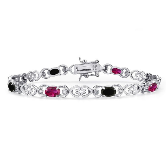 Gem Stone King 925 Sterling Silver Red Created Ruby and Black Onyx and Lab Grown Diamond Bracelet for Women | 3.61 Cttw | Gemstone July Birthstone | Oval 6X4MM | Length 7.25 inches