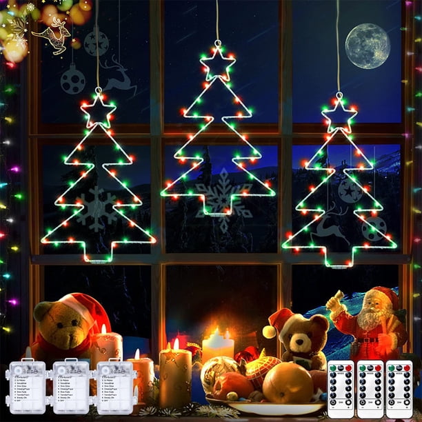 Xihbxyly Paquete de 3 Luces Navideñas para Ventana, Diseño Led En Forma de Árbol, 8 Modos de Iluminación, Funciona con Pilas, Control Remoto, Decoración para Interiores y Exteriores, Fiestas Navideña