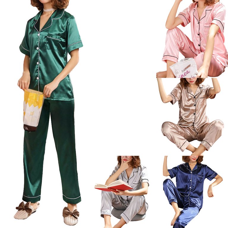 Womens Winter Satin Silk Tops Long Pants Sleepwear Pajamas Sets Pyjama  Nightwear 
