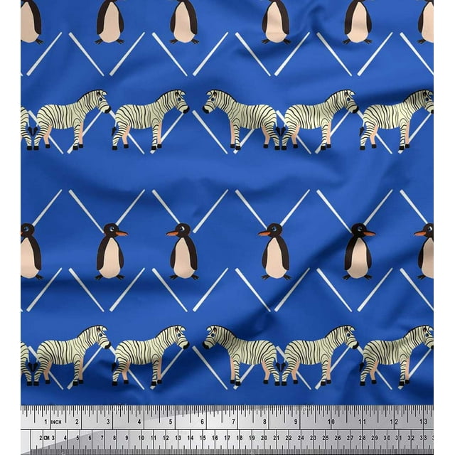 Soimoi Blue Velvet Fabric Penguin & Stripe Animal Fabric Prints by Yard 58 Inch Wide