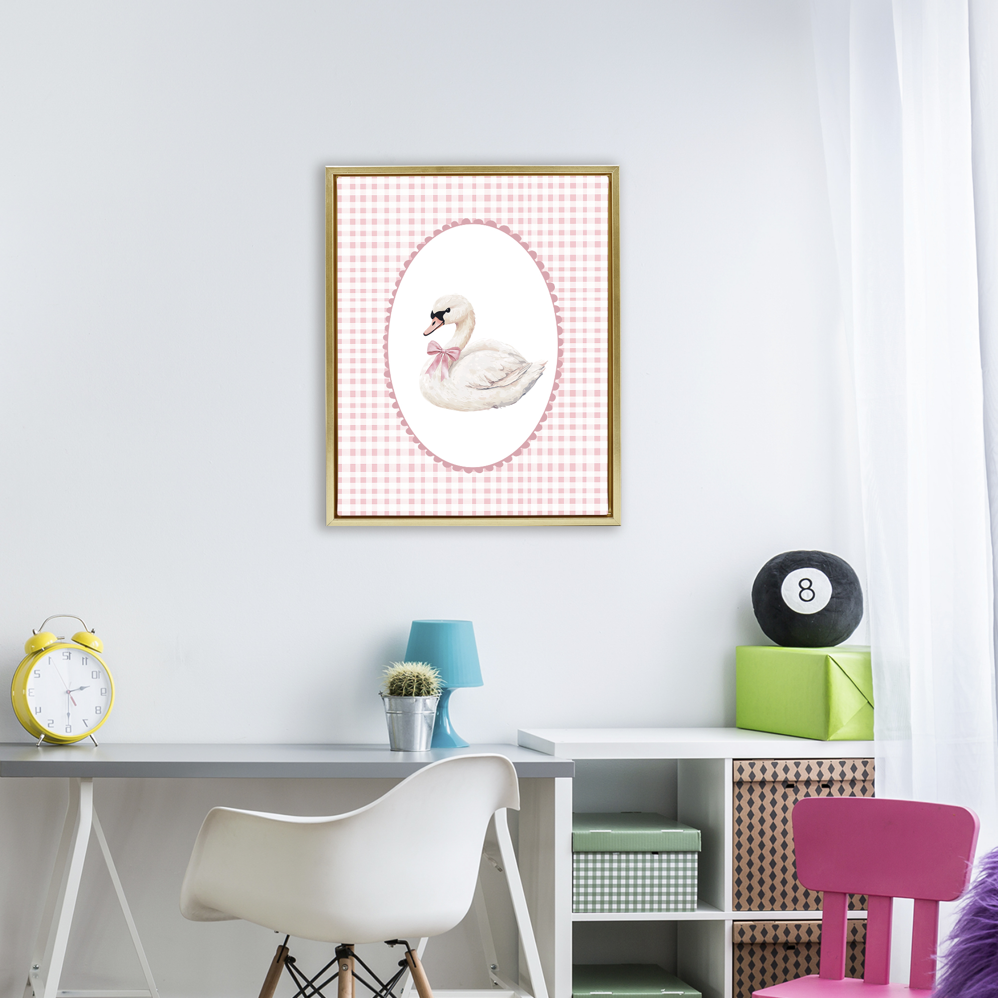 Gentle Swan on Pink Checkered Gold Framed Floater Canvas Wall Art, design by Christine Simpson Art