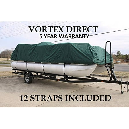 NEW GREEN 16 FT VORTEX ULTRA 5 YEAR CANVAS PONTOON/DECK BOAT COVER, ELASTIC, STRAP SYSTEM, FITS 14'1