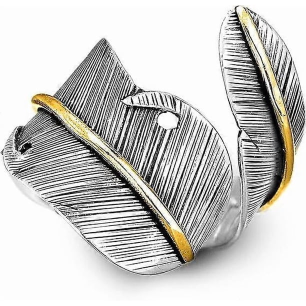 925 Sterling Silver and Brass Leaf Adjustable Ring for Women, Cool Plain Simple Open Wrap Feather Ring Size 7-10