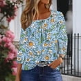 thumbnail image 6 of Njagoc3 Womens Yellow & Blue Floral Print Crew-Neck Top, Lightweight Rayon Blend, 3/4 Sleeves, Summer Outdoor Events, Casual Errands & Beach Trips, 6 of 6