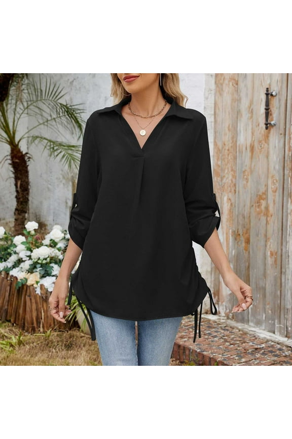 Womens Tops 3/4 Sleeve Turn down Collar V Neck Shirts Side Drawstring Curved Hem Blouse Casual Loose Pleated Tops