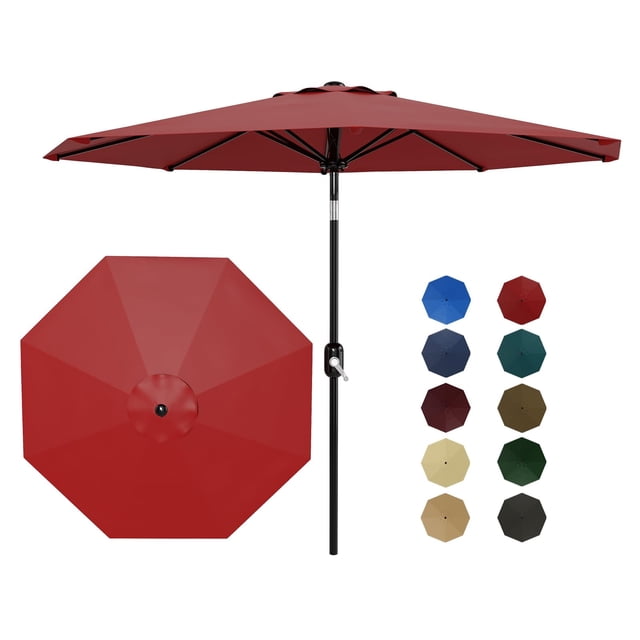 YUSAZENS Parasol de Table de Patio 10 Pieds Extérieur Protection UV Manivelle Levée Inclinaison à Bouton-Poussoir 8 Nervures Robustes pour Cour Terrasse Piscine Rouge