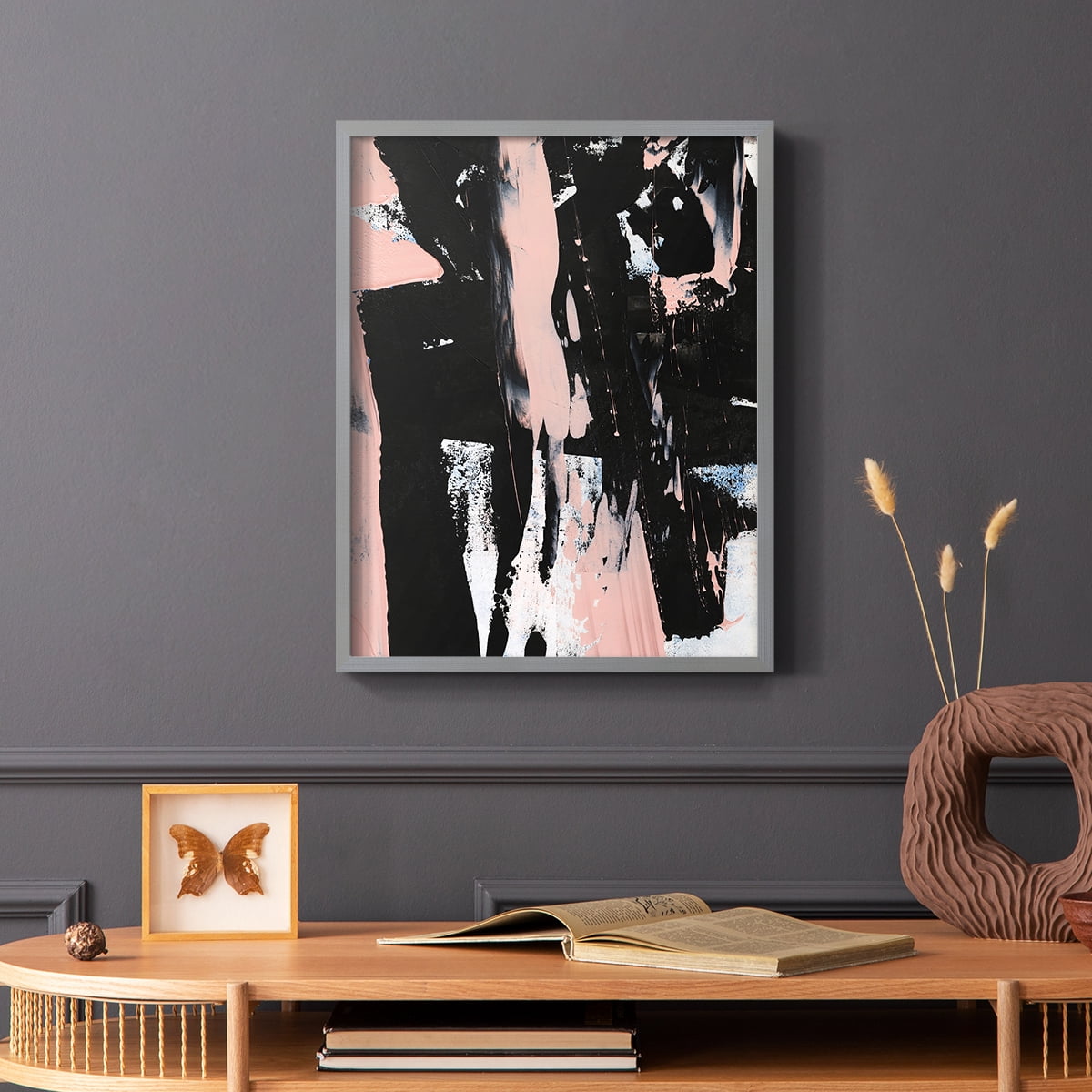 Black & Blush I Framed Print in Gray Solid Wood Framed Print No Nail Hanging