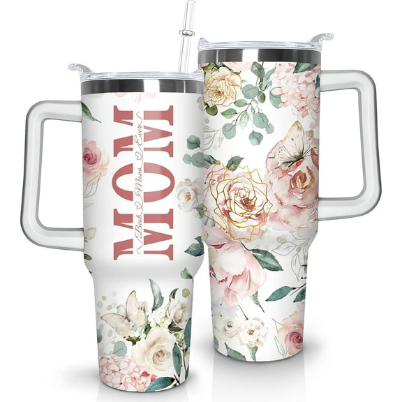 Mom Tumbler Beat Mom Ever Pink Floral Tumblers with Handle and Straw Stainless Steel Insulated Mama Coffee Cup Mug Mama Gifts for Mom Mama Mother