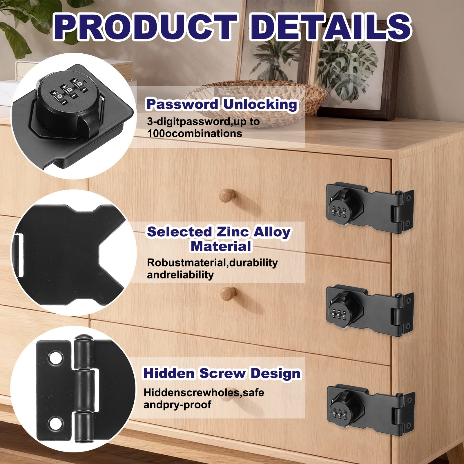 Uxcell 4 Pcs Keyless Cabinet Lock with Combination Code (3.5 Inch) - 3-Digit Password Hasp Latch Lock Mechanical Password Rotary Hasp, for Drawer Closet Cupboard Fence Door, Black