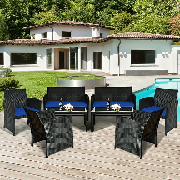 Costway 8PCS Patio Rattan Furniture Conversation Set Cushion Sofa Table Garden Navy
