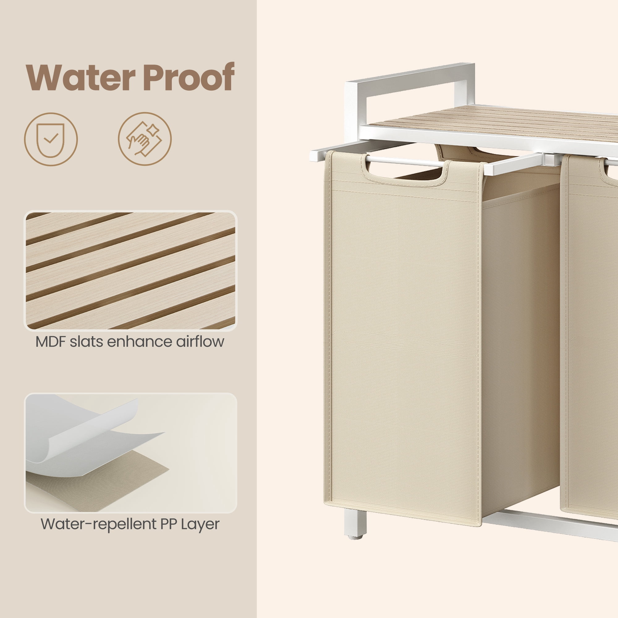 Ledrem 3-Bag Laundry Sorter Hamper with Pull-Out Bags and Shelf,Cappuccino Beige and Natural Beige