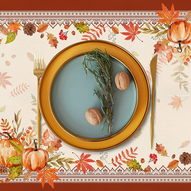 Thanksgiving Day PVC Placemats for Dining Tables,Set of 4 Kitchen Table  Mats Vintage Leaf Branch and Pumpkins Waterproof Wipeable Placemat for  Indoor