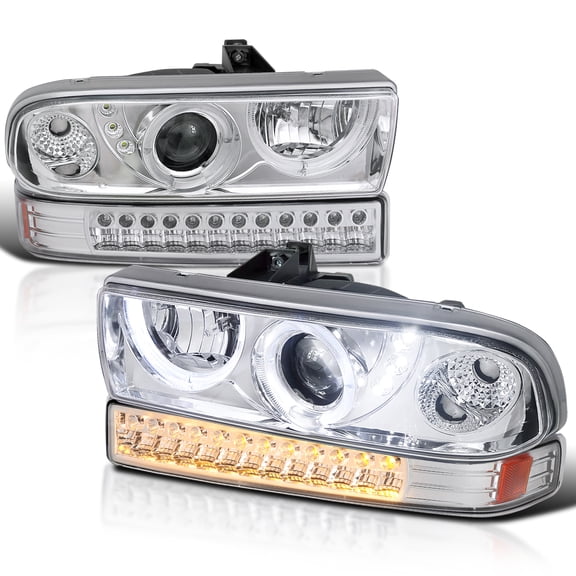 Spec-D Tuning Chrome Halo LED Projector Headlights Chrome LED Bumper Lights Compatible with 1998-2004 Chevy S10, Left Right Pair Headlamps Assembly