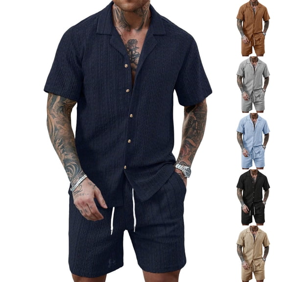 HBGVBA Men Summer Outfit Casual Solid Color Lapel Button Hollow Out Breathable Short Sleeve Shirt Elastic Waist Drawstring Shorts 2 Piece Set