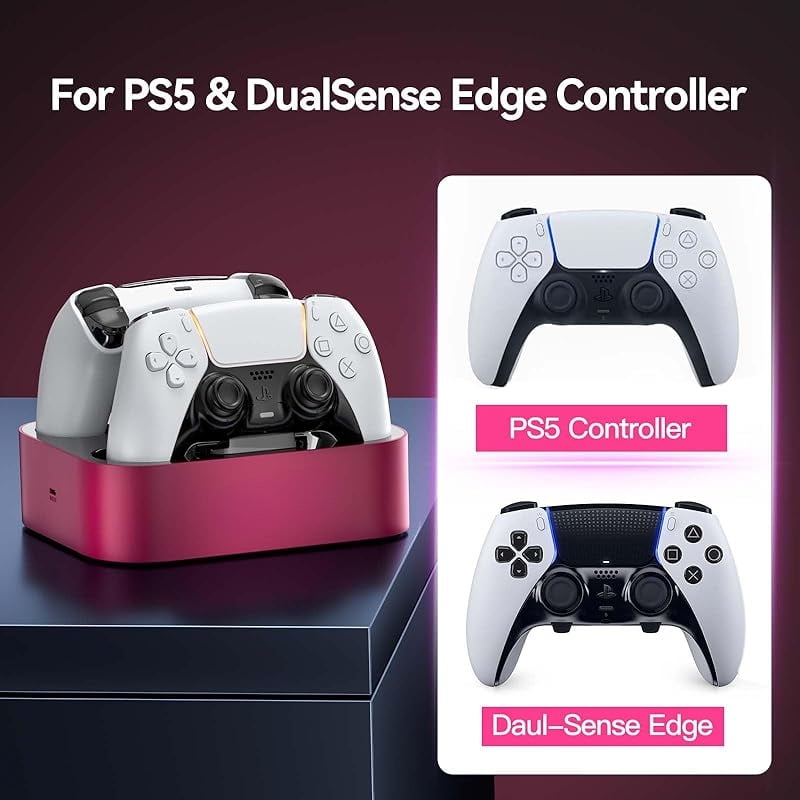 Party-Ready PS5 Charger Station for DualSense & Edge - Fast Dual Controller Drop & Charge Dock with Cable for PlayStation 5-Red