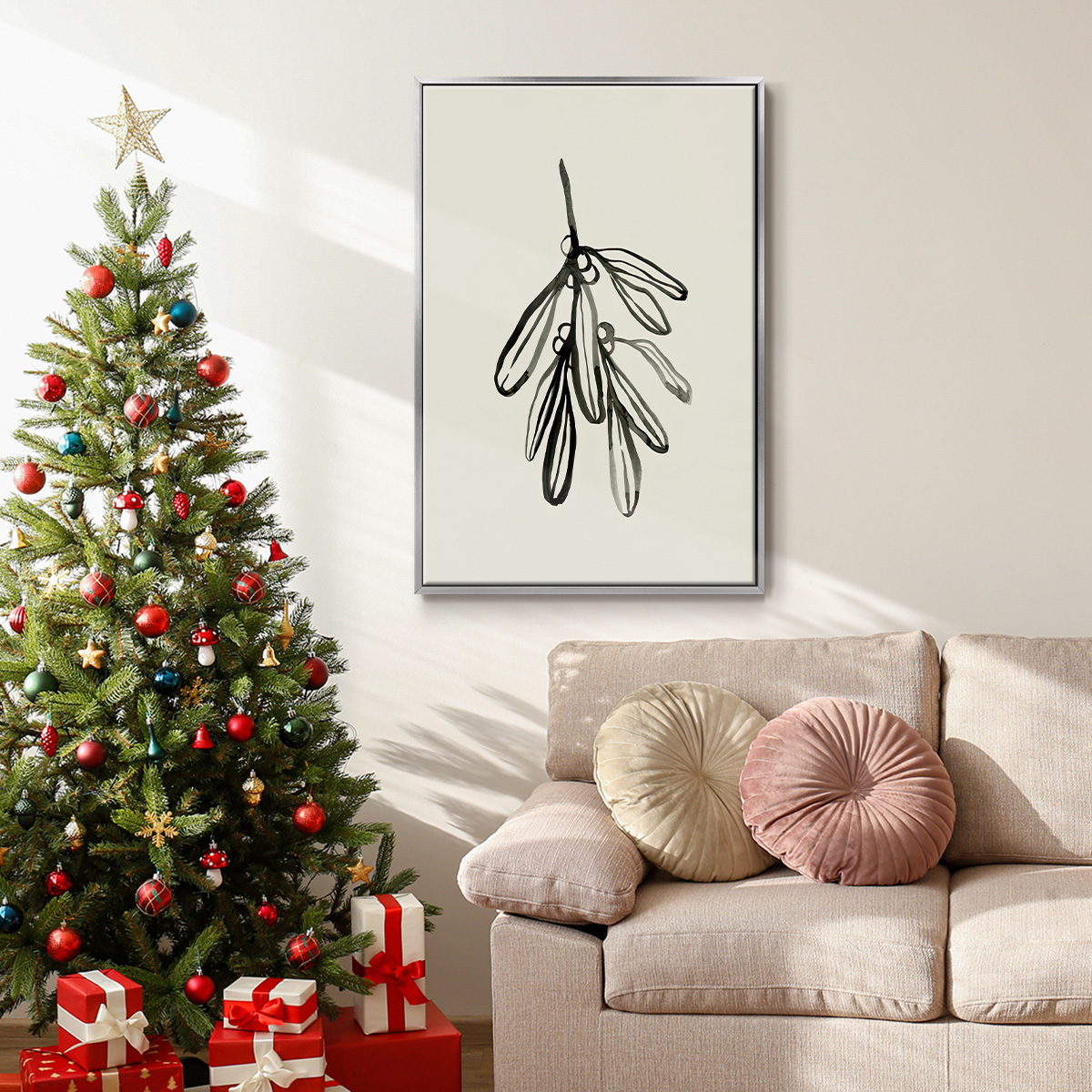 Mistletoe Sketch I - Framed Gallery Wrapped Holiday Canvas - 17 x 25 - Silver Frame