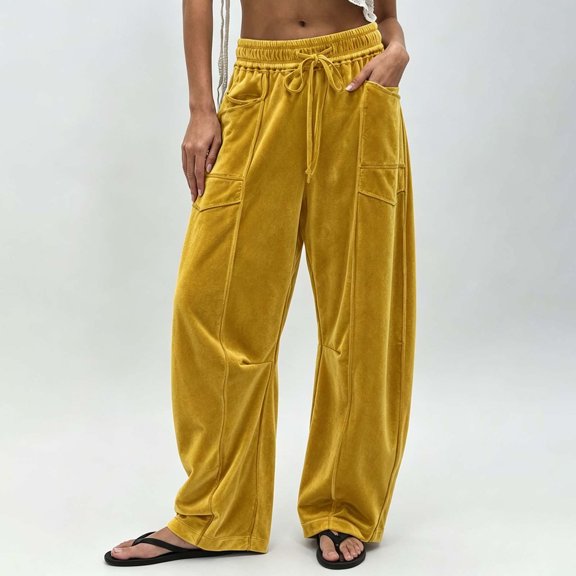 Karymi Solid Casual Velvet Wide Leg Pants Woman, Elastic Drawstring Waist Long Trousers with Cargo Pockets