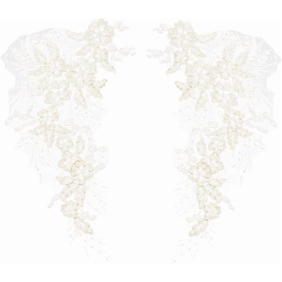2Pcs 3D Sequin Flower Applique 15.7 x 9.1 Inch Beige Polyester Glitter Floral Beaded Embroidery Sew on Patch Collar Decoration Lace for Wedding Costume Dress Sewing DIY Clothing Supplies