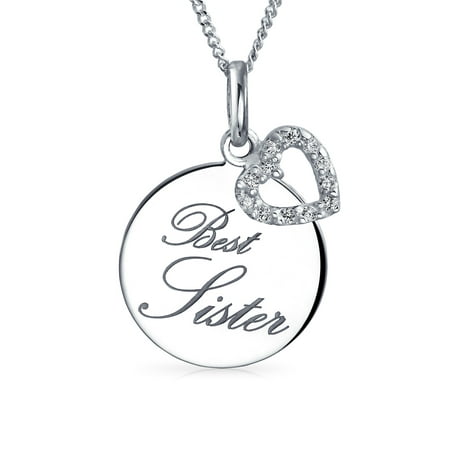 Engraved Bff Word CZ Heart Best Sister Pendant Necklace For Teen For Women Circle Disc Engravable 925 Sterling