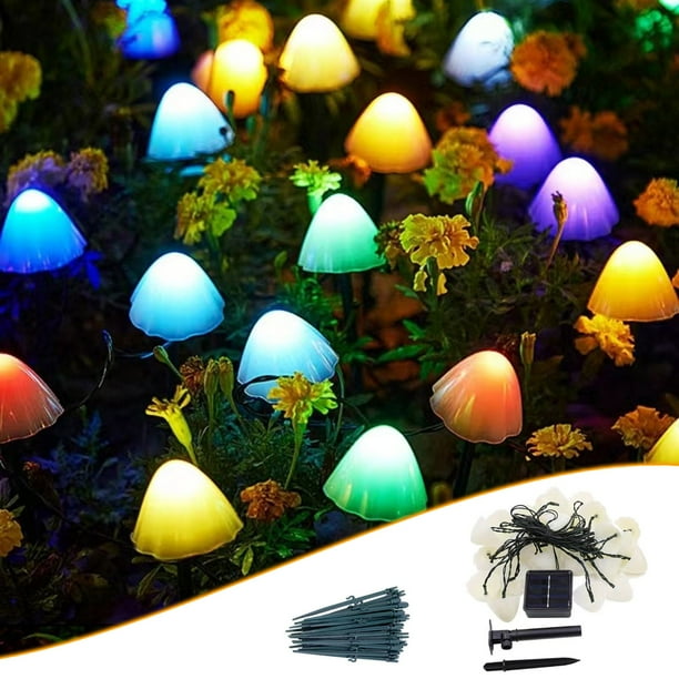 Luces solares de setas: 5 m de 10 lámparas o 8 m de 20 lámparas al aire libre alimentadas por energía solar, 3 opciones de color, impermeables para jardín, patio o jardín