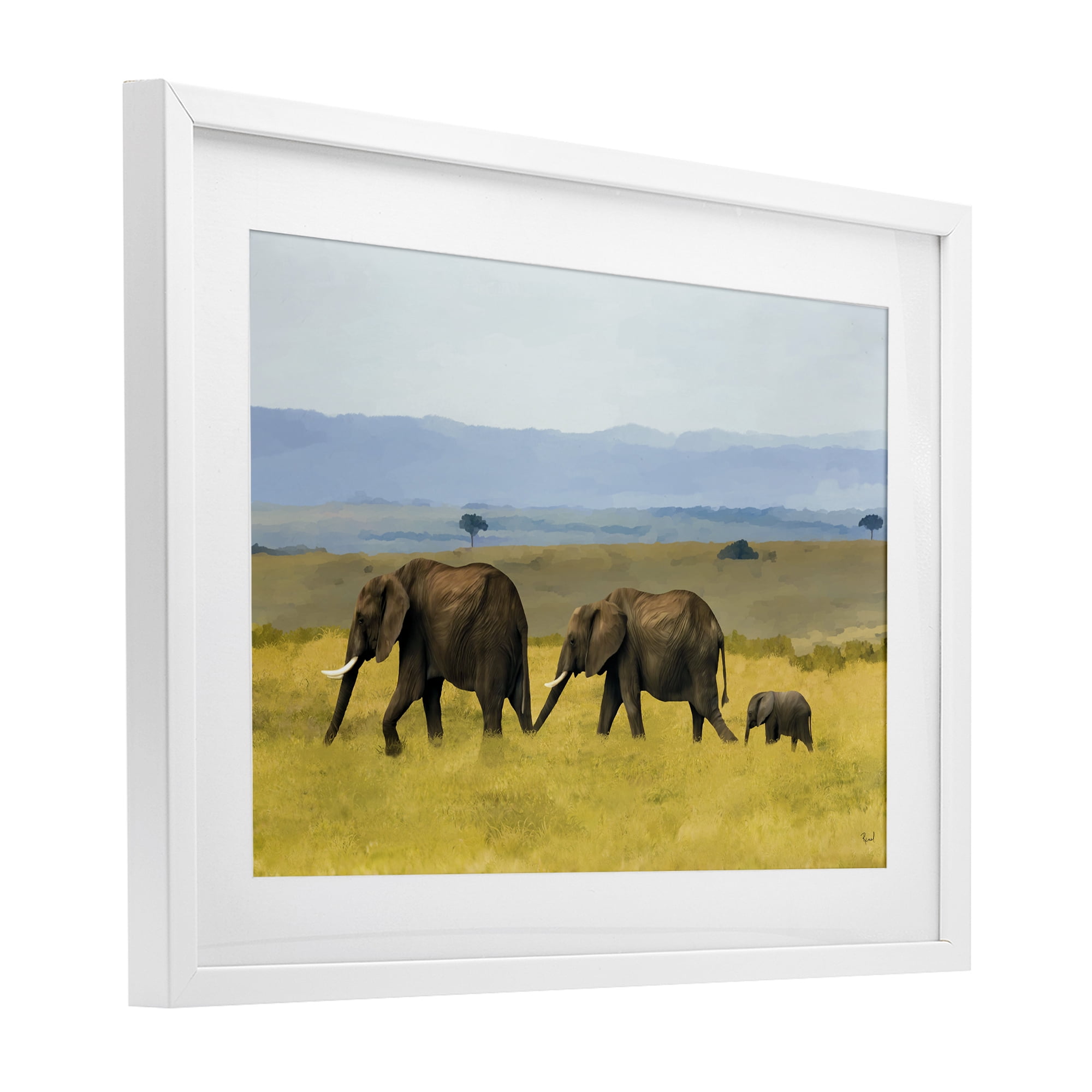 Stupell Industries Elephants In The Grassland White Framed Print Under Glass, design by Renel Peters