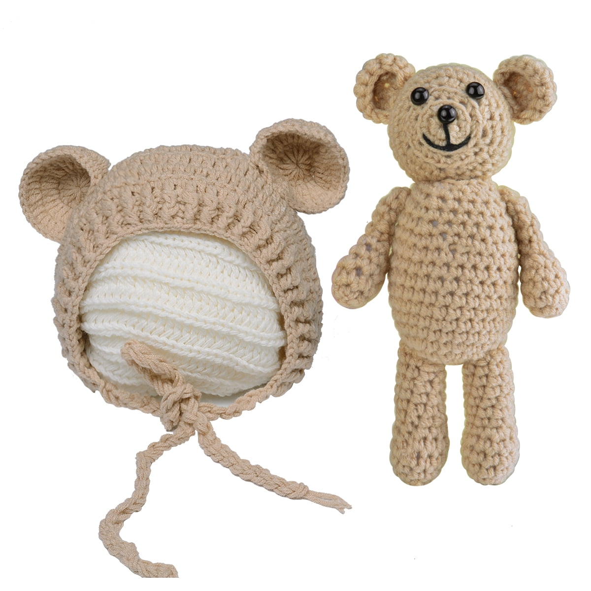 Hand Crochet Knitted Baby Hat Teddy Bear Hat Photo Prop Boy Girl Newborn-6M 