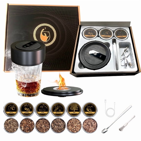 Thinway Electric Whiskey Smoker Kit Built-in Lighter, No Butane Needed, Rechargeable Cocktail Smoker Kit with 6 Wood Chips, Old Fashioned Drink Smoker Kit, Bourbon Whiskey Gifts for Men,Dad,Husband