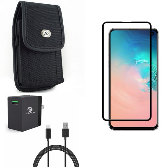 Galaxy S10e Quick Home Charger w Screen Protector w Case Belt Clip - 18W 6ft USB Cable Power, Tempered Glass 5D Curved Edge, Rugged Holster Canvas for Samsung Galaxy S10e Phone