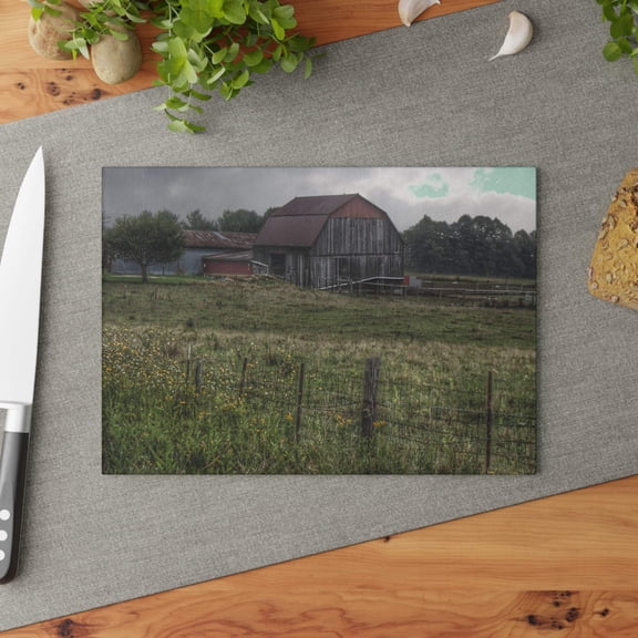 U R There Photography Newark Road Tilted Grey I Rustic Farmhouse Tempered-Glass Cutting Board 8"x 11"